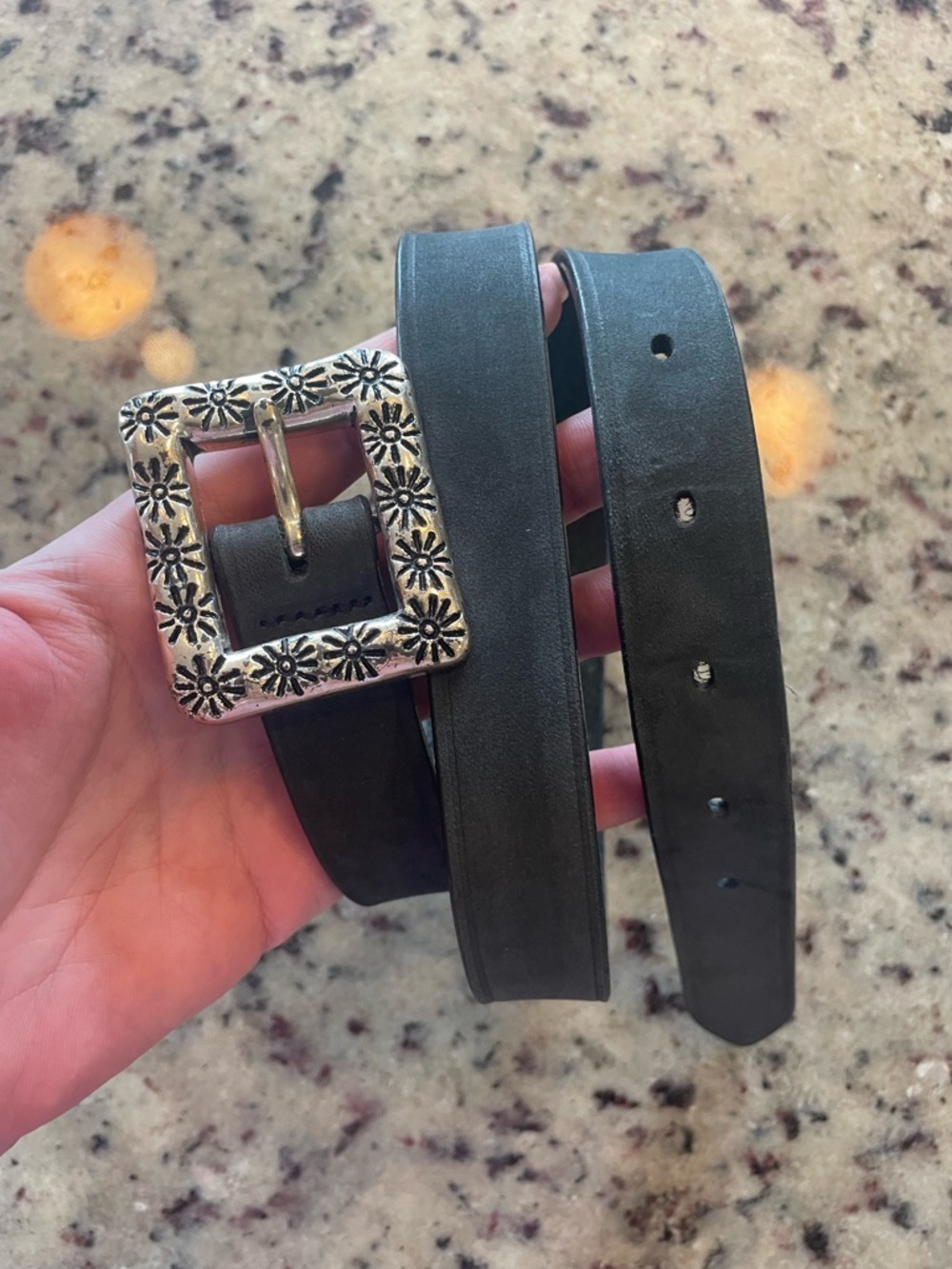 Express Black Leather Belt with Floral Silver Buckle